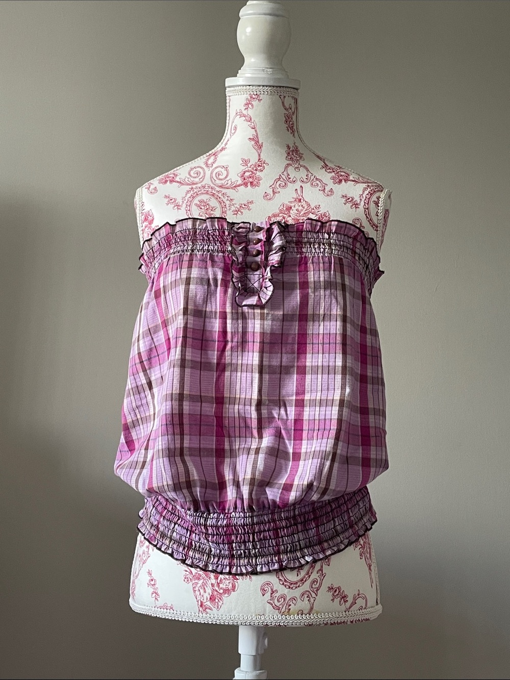 Y2K Max Rave Ruffled Plaid Strapless Tube Top in Pink Tones